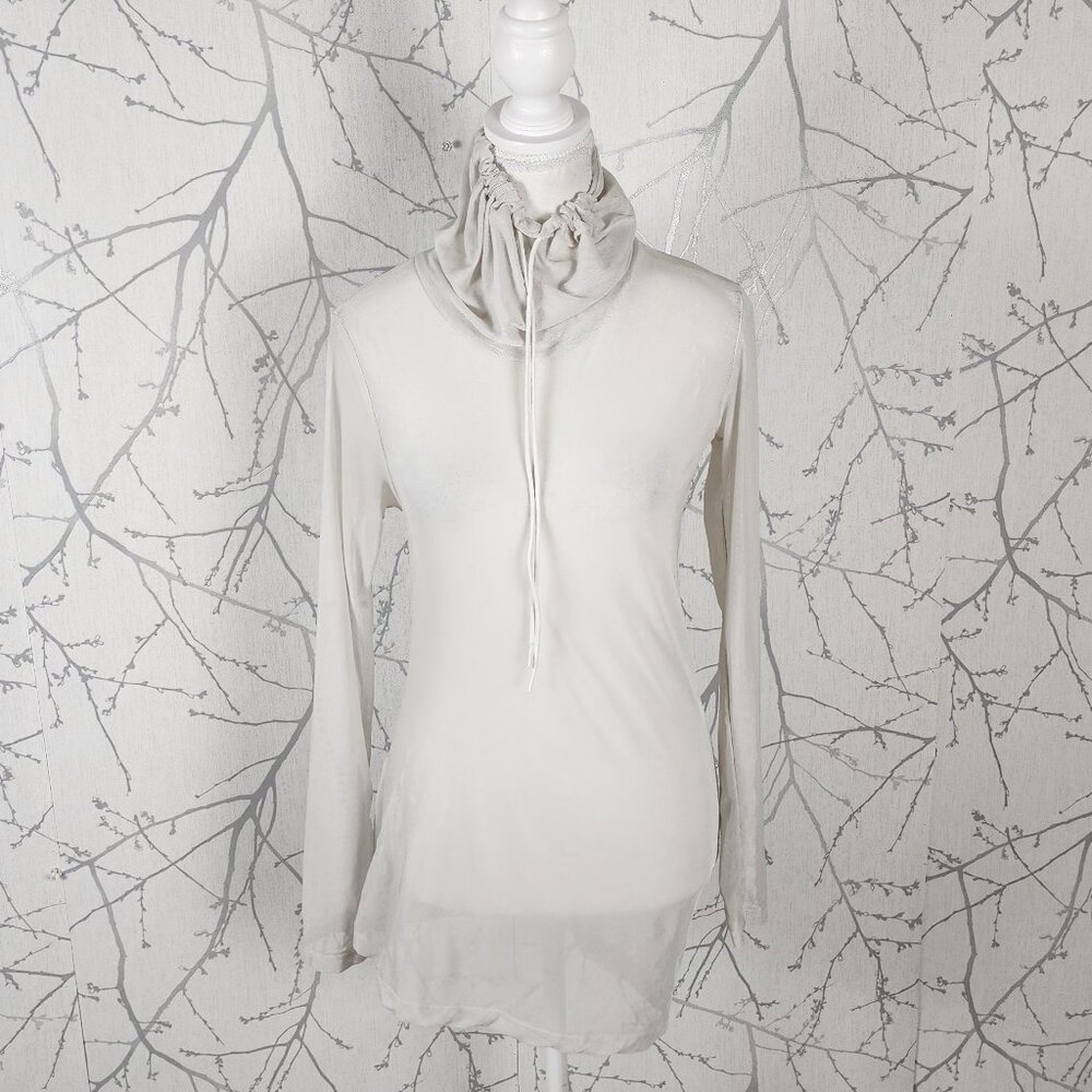 The Open Product White Ivory Mesh Sheer Cowl Neck Long Sleeve
